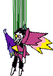The animated battle sprite of Spamton NEO. He is a tall humanoid figure with spiky black hair and pink and yellow glasses. His body is black with white hands and feet, along with pink, green, and yellow triangles covering his torso. He has two large, spiky wings; his right one is purple and green, while his left is pink and yellow. Green wires connect him to an unseen ceiling. He dangles like a marionette doll, and his hear rapidly moves to look forward, up, and down.