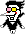 Spamton's overworld sprite. He is a very short figure resembling a white puppet with a long nose and slicked back black hair. He appears to be wearing a black suit over a white body, and has bright red blush on his cheeks and a pair of glasses with yellow and pink lenses.